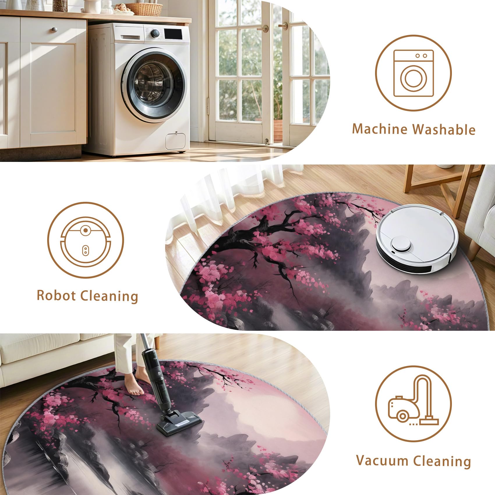 Japanische Kirschblüte Teppich Rund 120cm Kurzflor - Waschbare Teppiche Wohnzimmer Asiatische - Runder Teppich 120 Durchmesser Kinderzimmer - Bettvorleger Schlafzimmer rutschfest Weich