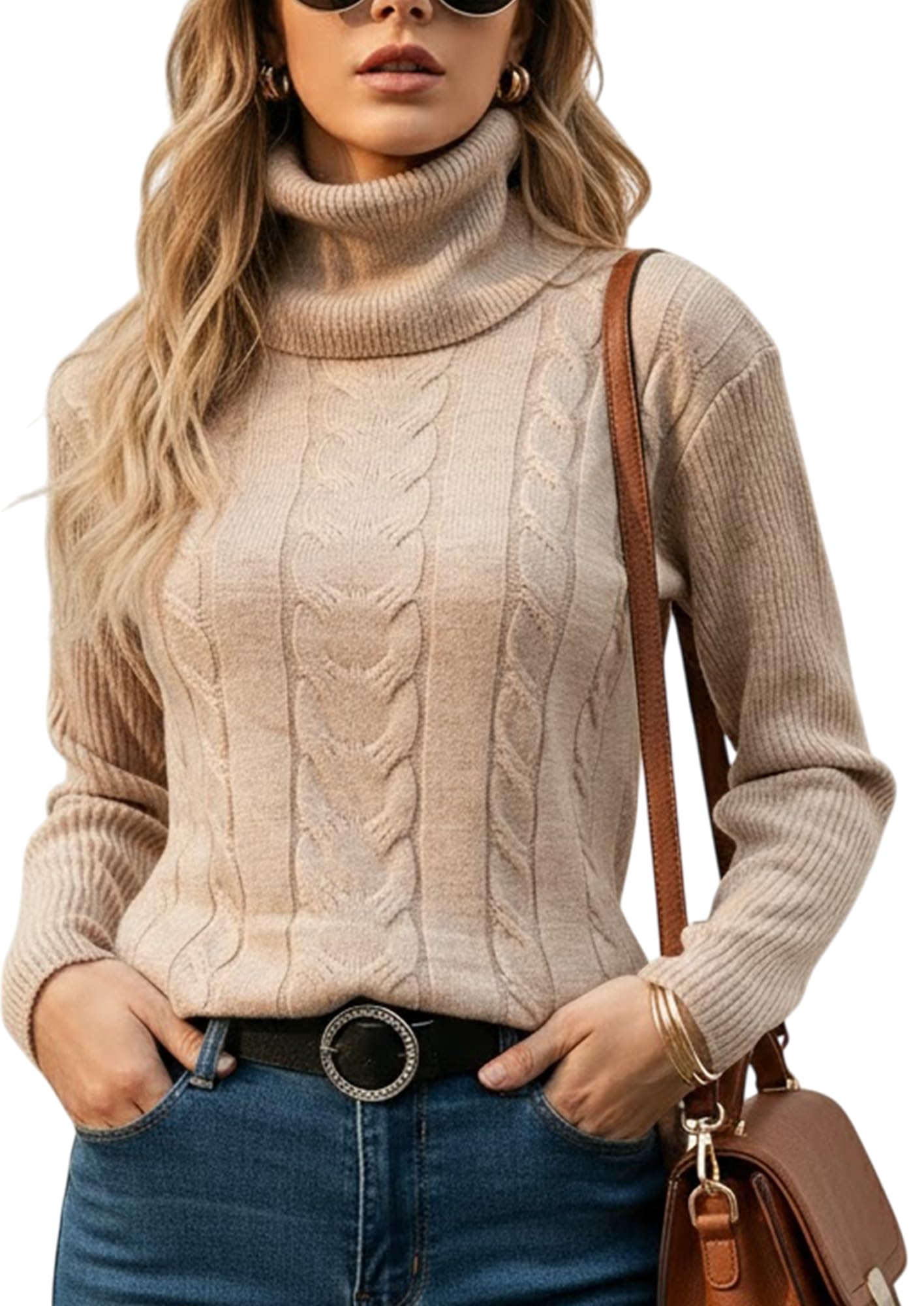 Womens Turtleneck Cable Pattern Knit Sweater Soft and Cozy Long Sleeves Pullover for Fall and Winter Stylish Knitwear
