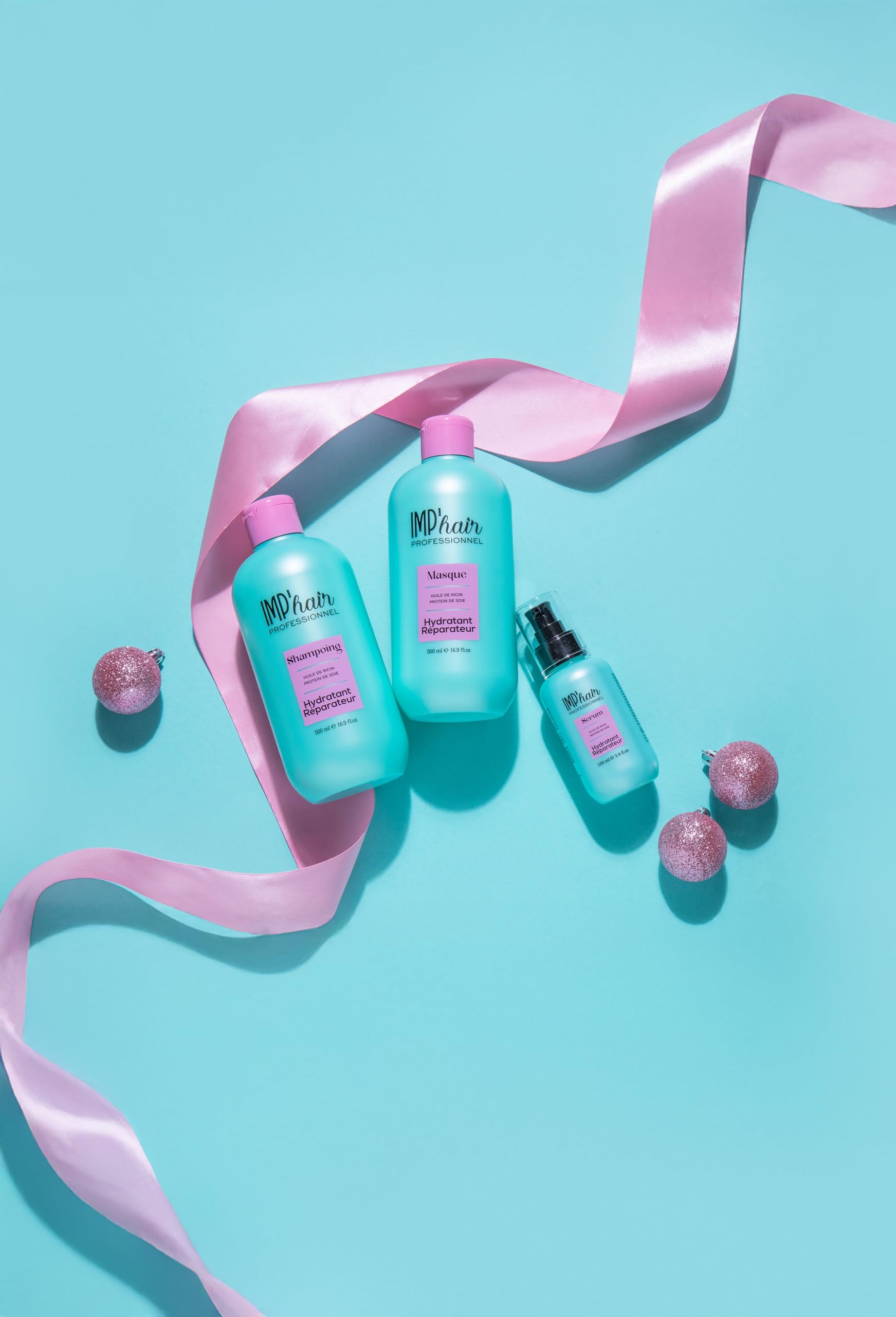 IMP'hair Professionnel Trio Soin Réparateur, Shampooing 500ml, Masque 500ml et Sérum 100ml, Huile de Ricin et Protéines de Soie, Hydratant Réparateur