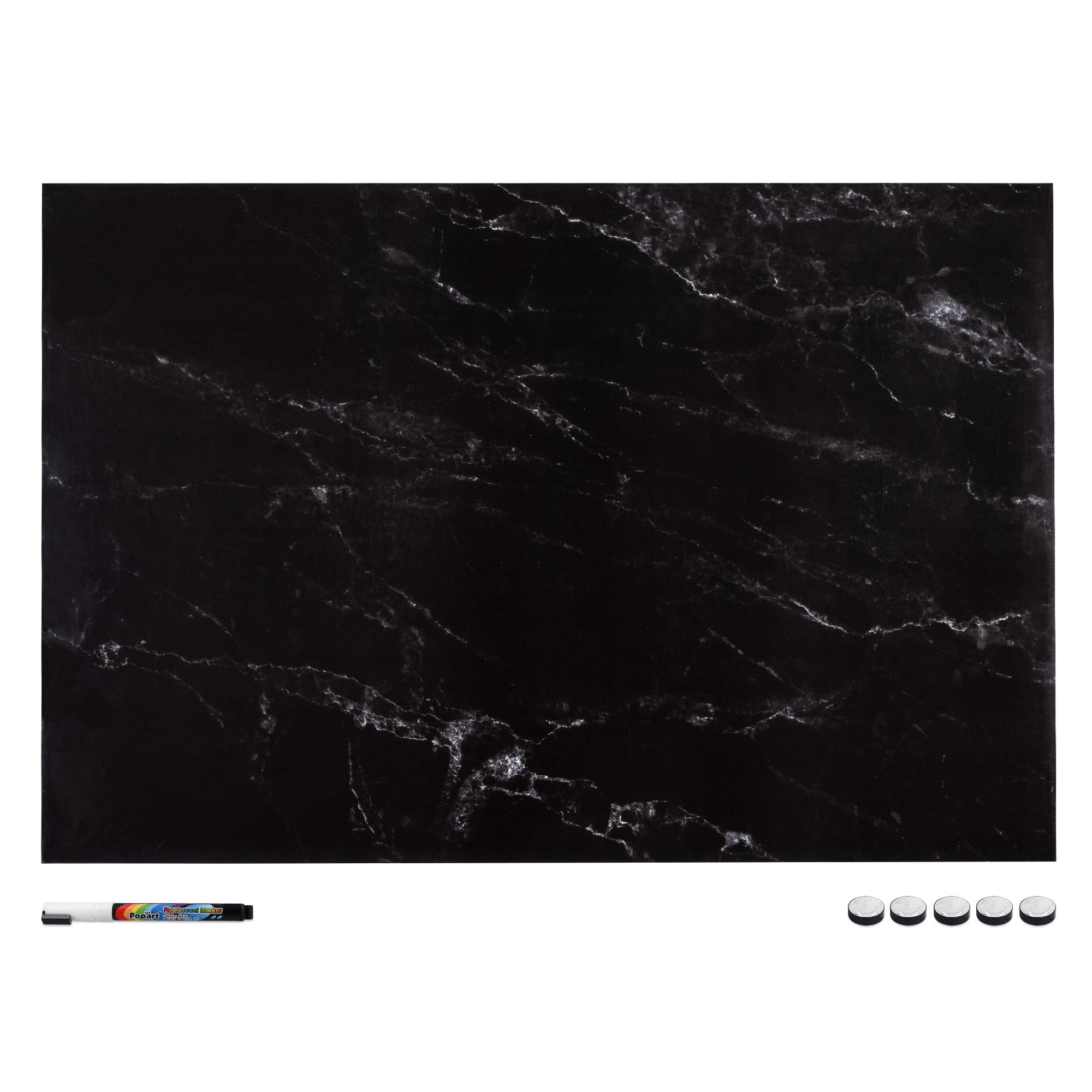 Navaris Tablero de Notas magnético - Pizarra con diseño marmoleado Negro - Pizarra magnética con Marcador Negro y 5 imanes - 90 x 60CM