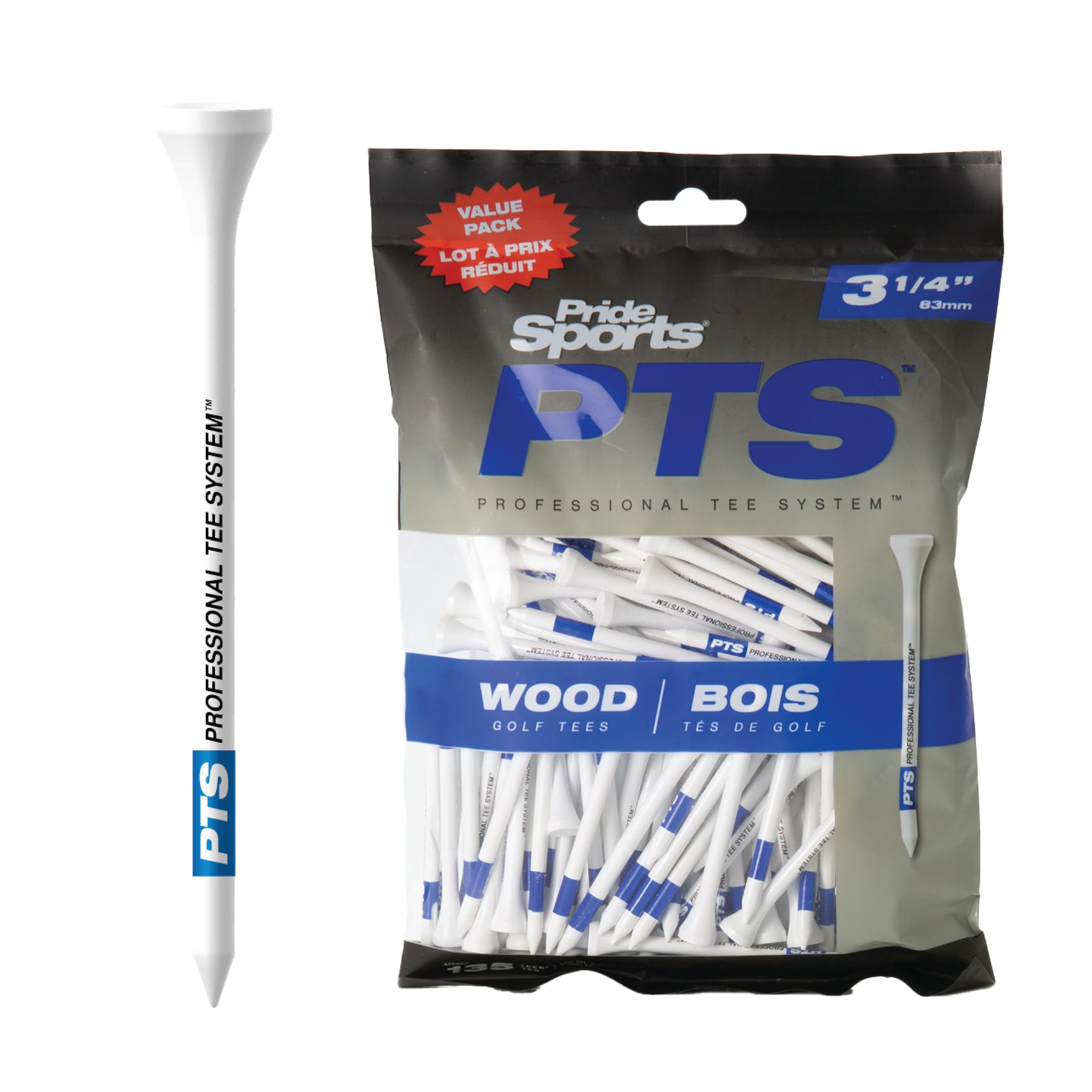PrideSports PTS Wood Golf Tees | 135 Count, 3-1/4 Inch | #1 Wood Tee on Tour | Best for Drivers & Woods