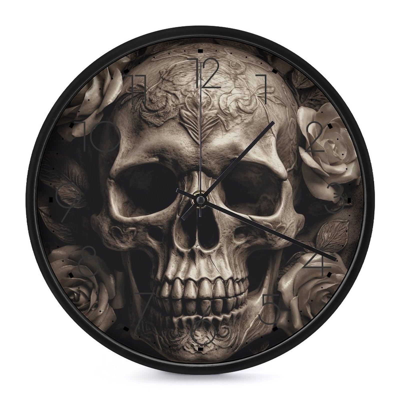 DWVTSLH Leather Rose Skull Wall Clock 10 Inch Silent Non-Ticking Modern Clocks Battery Operated - Decorative Wall Clocks for Bedroom Living Room Kitchen Office Wall Decor Gift Idea