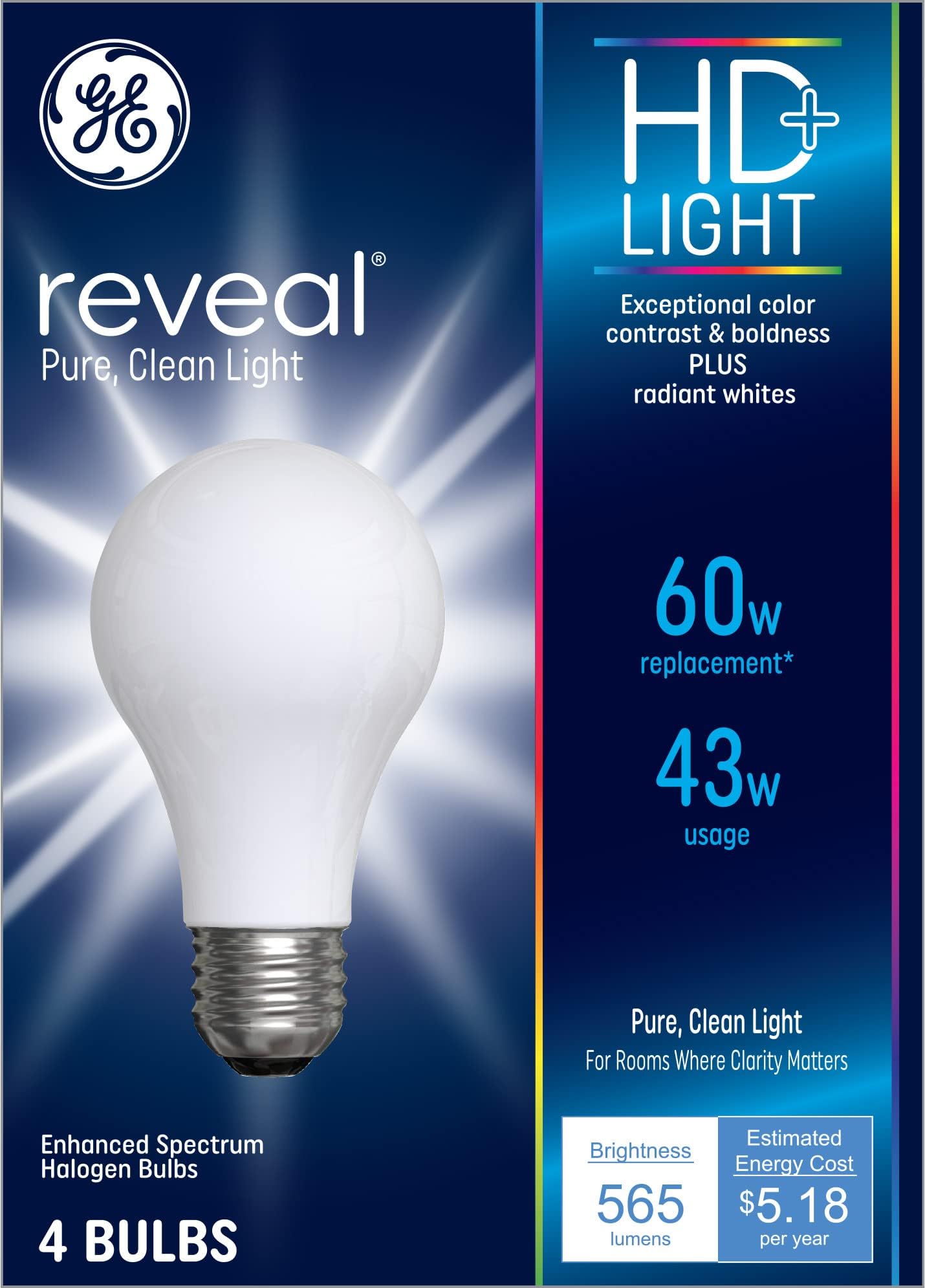 GE Lighting Reveal HD+ Light Bulbs, 43 Watt (60 Watt Equivalent) Pure, Clean Light, Enhanced Spectrum Halogen Bulbs, Medium Base (Pack of 4)