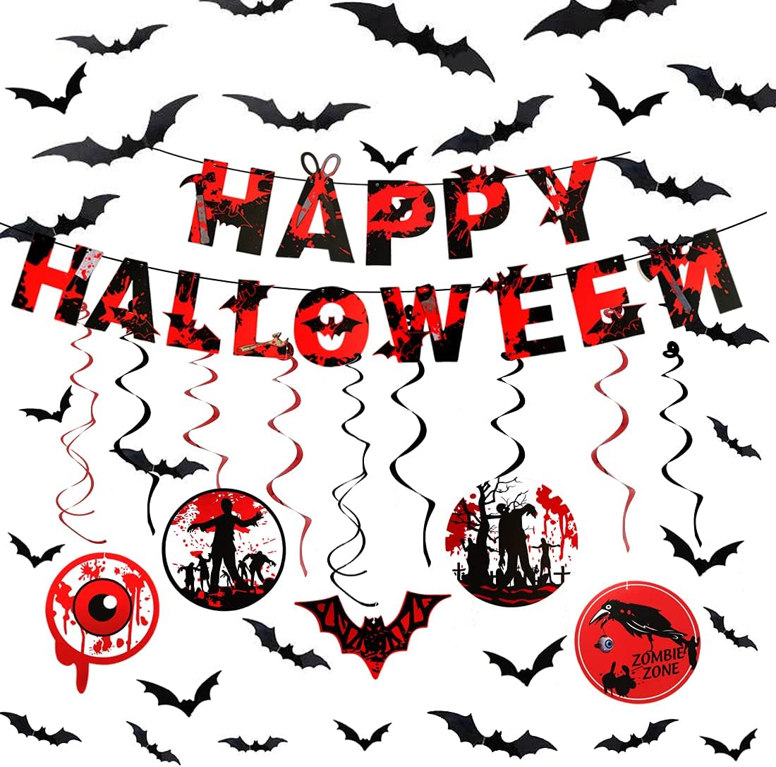 Bluelves Halloween Adornos de Fiesta de Terror de, Decoración Remolino Halloween,Banner Remolino murciélagos, Zombies, Cuervos y Adornos para los Ojos