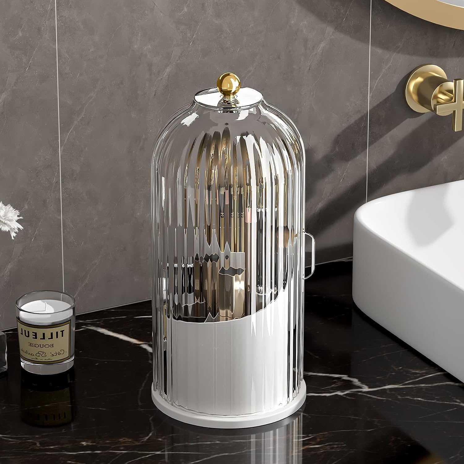 Organizer na Kosmetyki 360-stopniowy Obrotowy Uchwyt Na Pędzle Do Makijażu Z Pokrywką Przezroczysty Organizer Na Pędzle Do Makijażu Do Łazienki Na Biurko Vanity Organizer do Makijażu Sypialni(A)