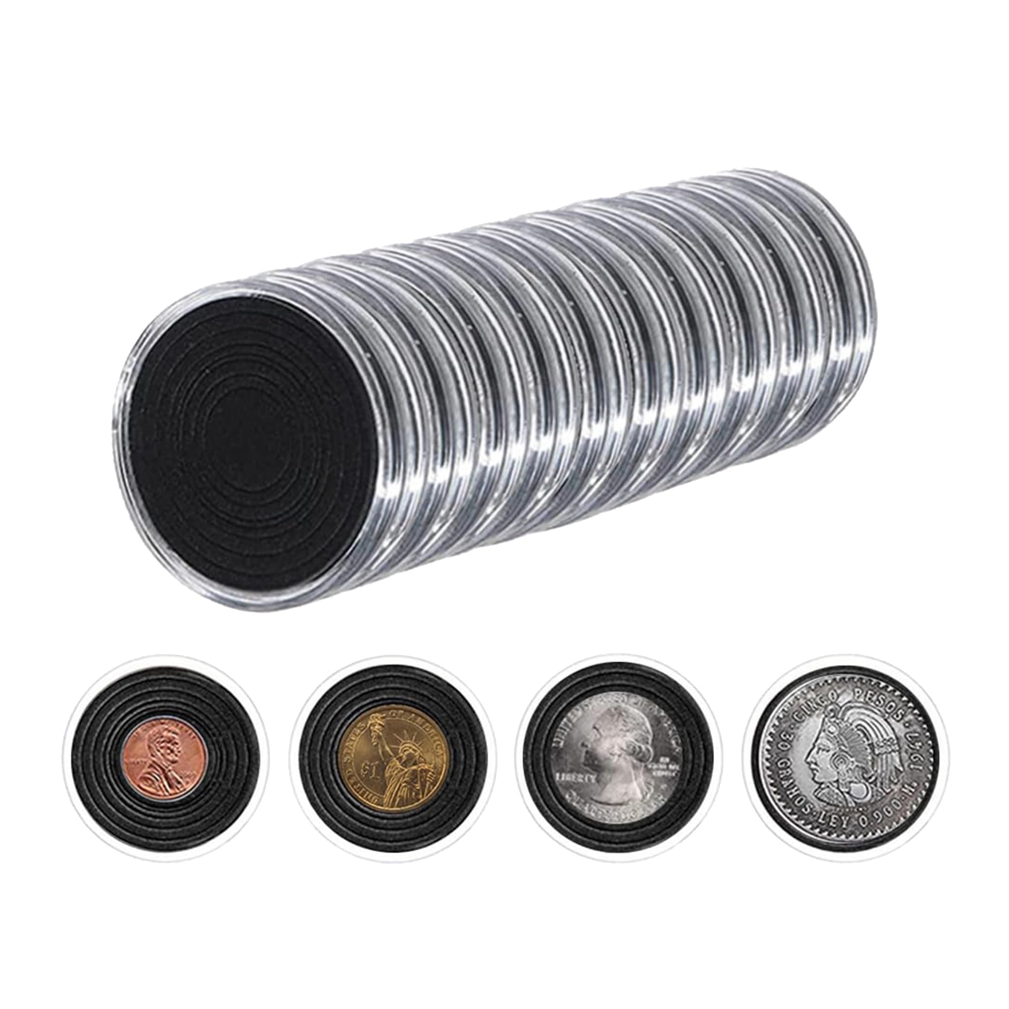 40 cajas de cápsulas de monedas de 46 mm con 7 tamaños (16/20/25/27/30/35/40 mm), juntas de espuma EVA negra, protectores de monedas, organizador de cajas de almacenamiento de plástico para