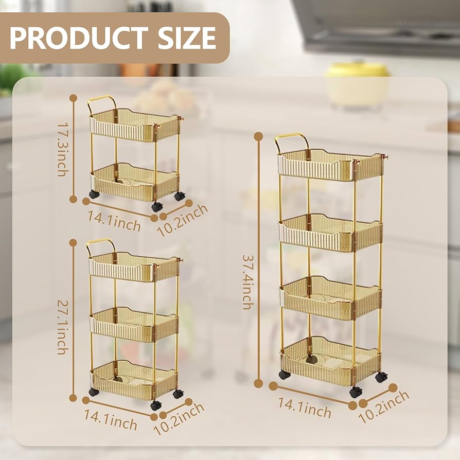 Wiodeiv Acrylic Storage Trolley, Bathroom Kitchen Rolling Utility Cart Mobile Organization Shelves With Handle And Lockable Wheel,Gold,4Tier