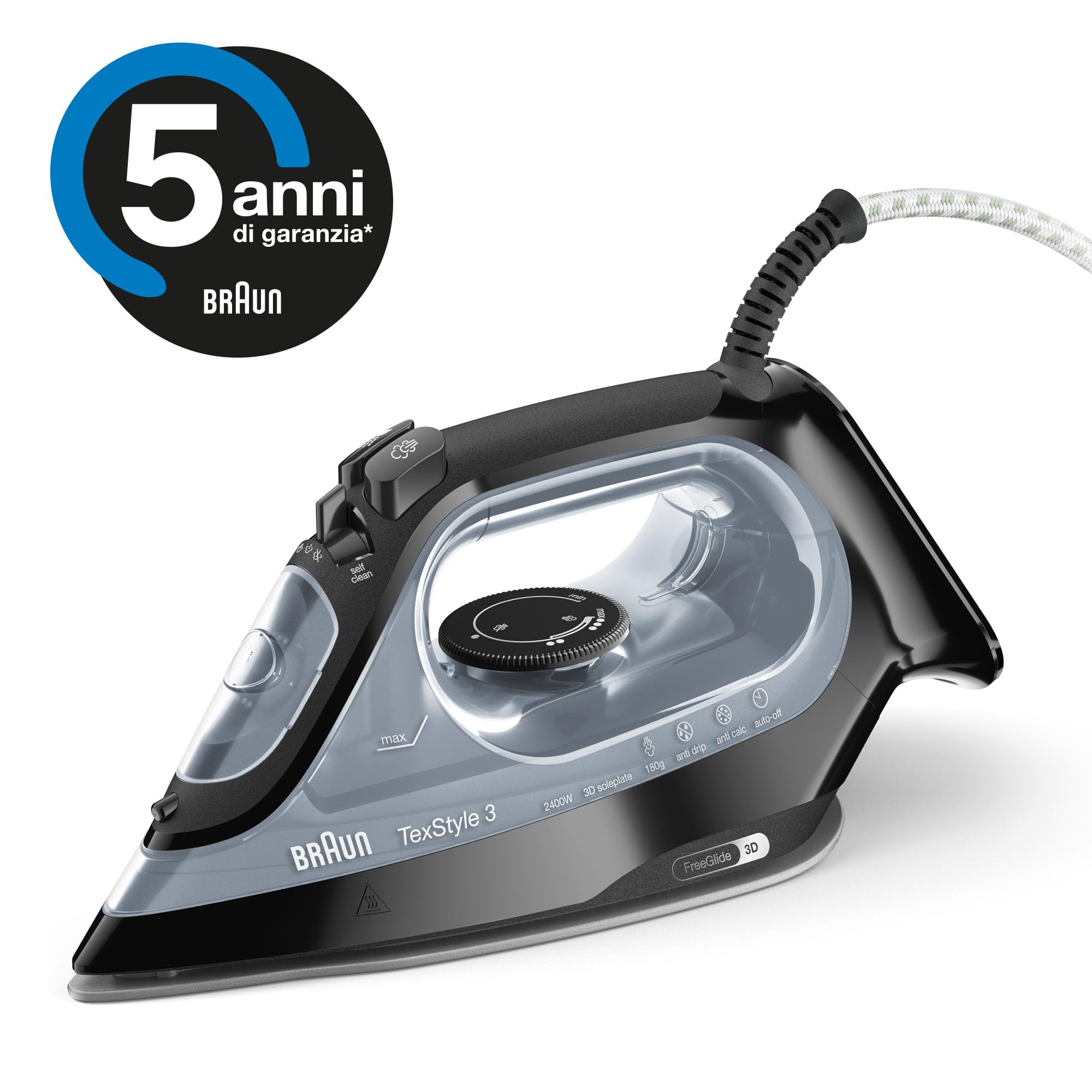Braun TexStyle3 SI3055BK Ferro Da Stiro A Vapore, Colpo Vapore 180g, Termostato Regolabile, Riscaldamento Rapido, Piastra Freeglide 3D Superceramic, Capacità 270ml, Nero