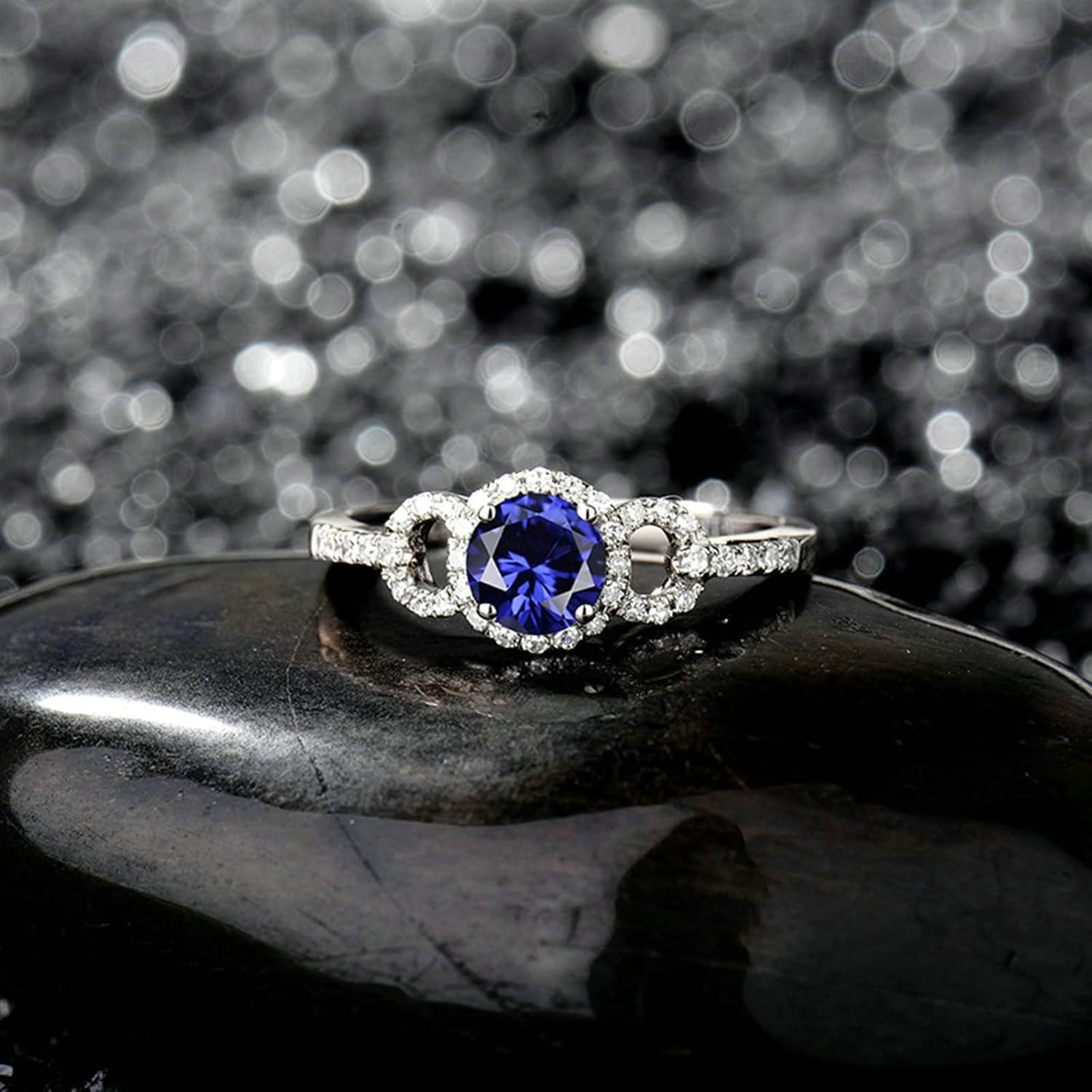 18K White Gold Infinity Rings 0.6ct Round Shape Sapphire with 0.17ct Diamond Anniversary Rings for Girls