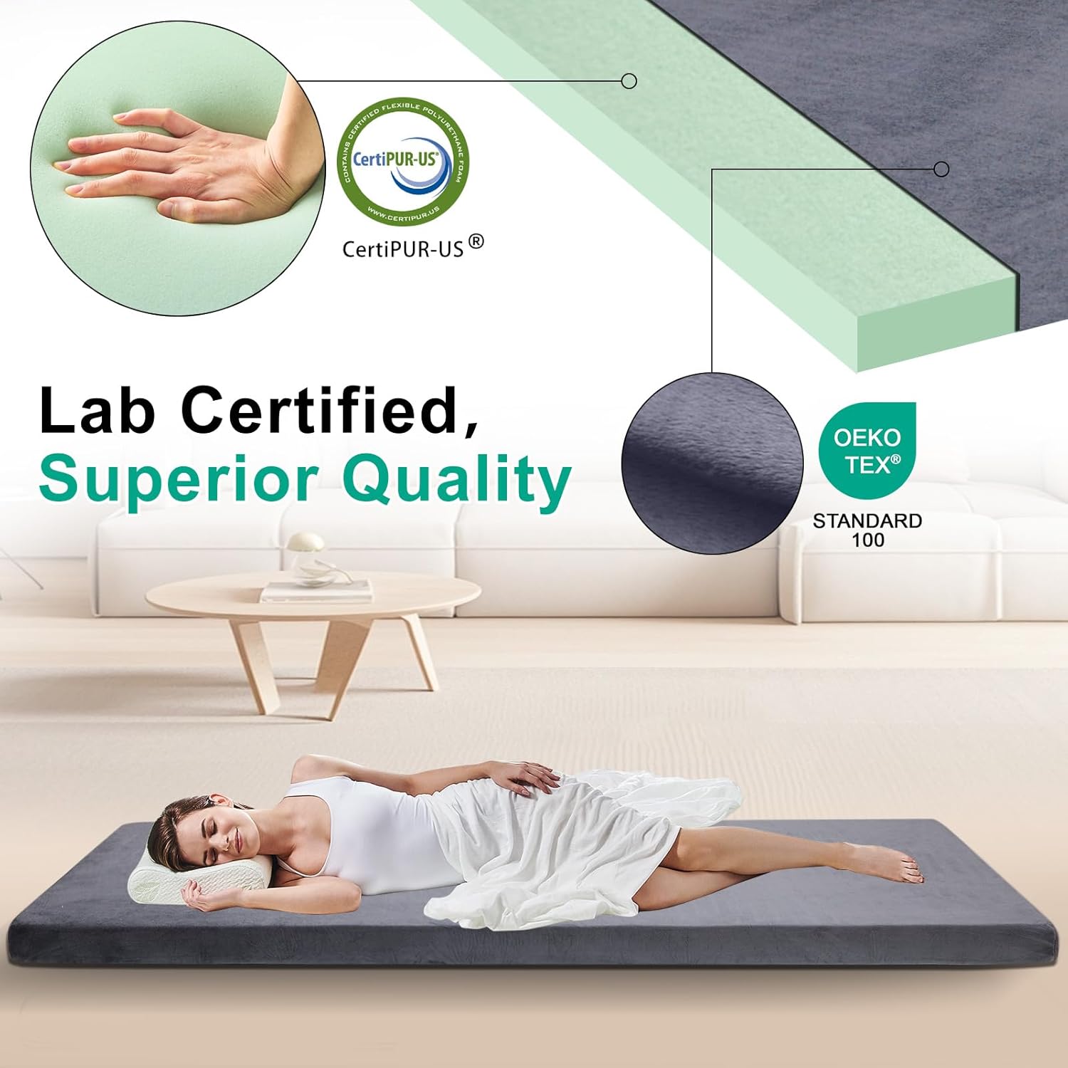 Memory Foam Camping Mattress Pad, 3 Inch Sleeping Pad for Camping, Portable Roll Up Cot Mattress for Adults, Thick Sleeping Mat for Sleepover