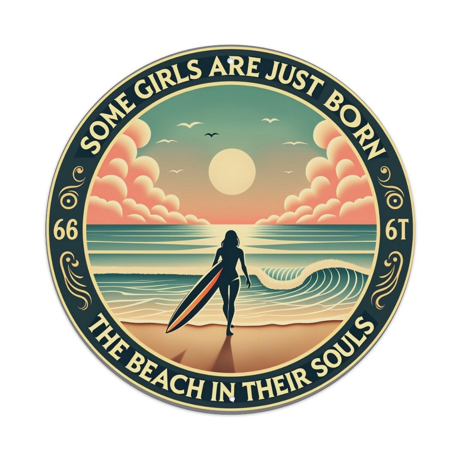 Beach Sunset Surfer Waves Sky Round Tin Sign Vintage Metal Poster Retro Bar, Home, Man Cave, Kitchen, Laundry Room Wall Art Decor Gift 8x8Inch