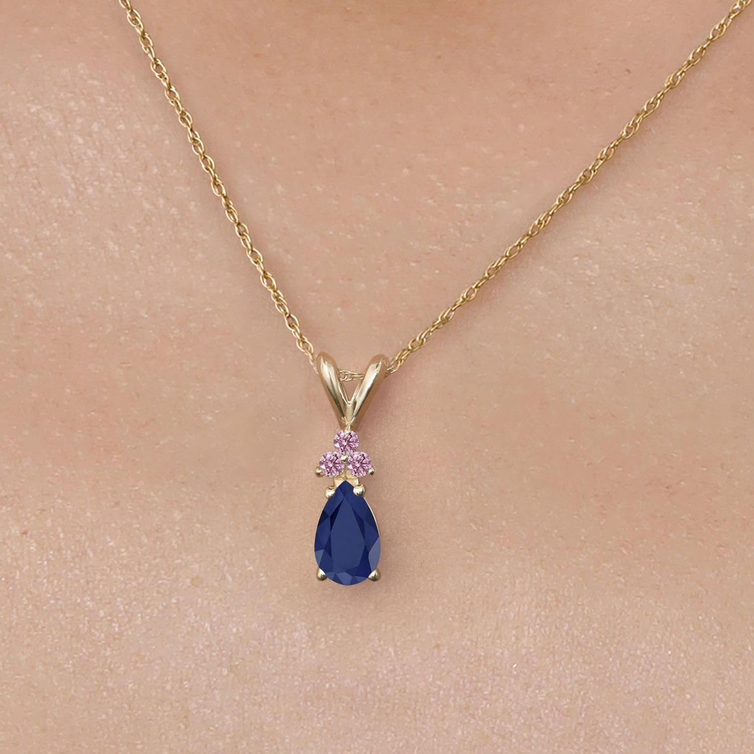 Gem Stone King 14K Yellow Gold Blue Sapphire and Pink Lab Grown Diamond Pendant Necklace for Women | 0.95 Cttw | Gemstone September Birthstone | Pear Shape 7X5MM | With 18 Inch Chain - Image 3