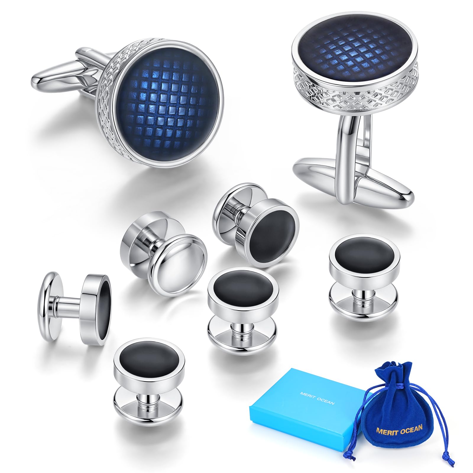 Herren Manschettenknöpfe und Onyx Hemdknöpfe Set Schwarz für Männer Cufflinks Hochzeit Kragenhemd Ideal für die Arbeitskleidung Frackhemd, Smoking, Anzug, Geschäftskleidung