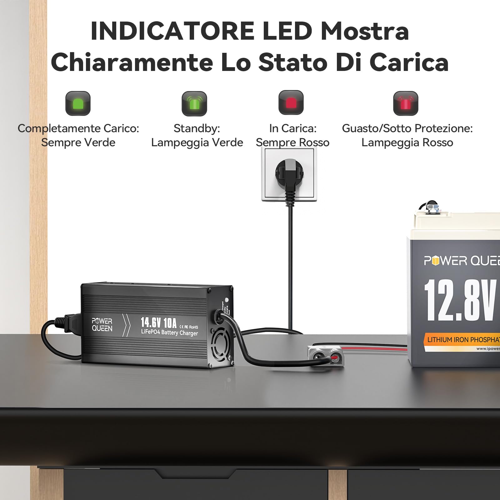 Power Queen Caricabatterie Al Litio Lifepo4, 14.6 V 10 A, Completamente Automatico, Ricaricabile, Con Più Misure Di Sicurezza