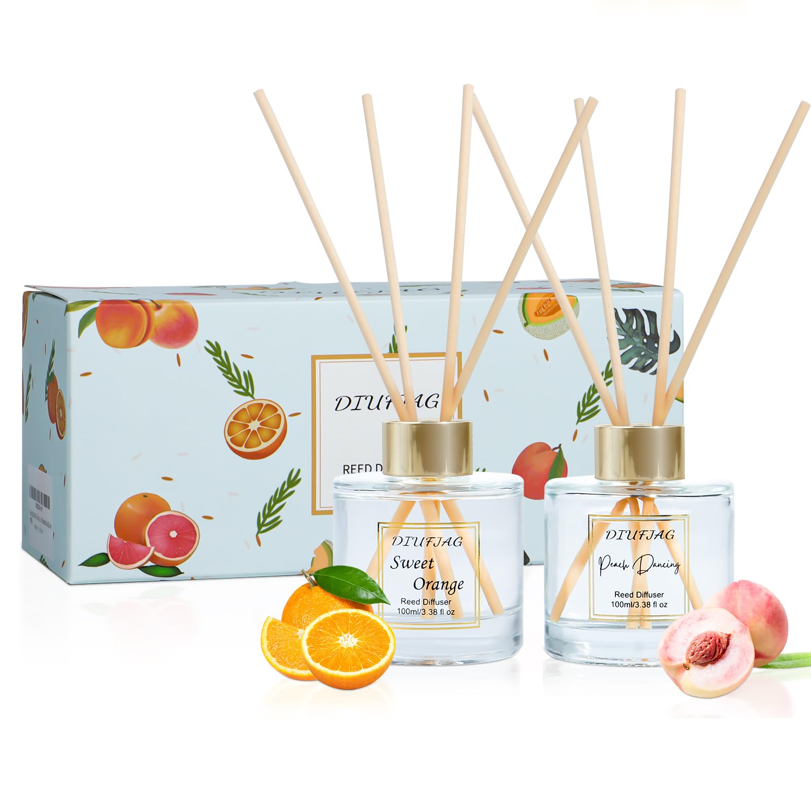 DIUFJAG Profumo per Ambienti,2 x 100ml,Arancia/Pesca,Orange Peach con 10 Bastoncini Profumati Aromaterapia,Diffusore per la casa,Reed Diffuser per Camera da Letto,Ufficio,Bagno,Scaffale