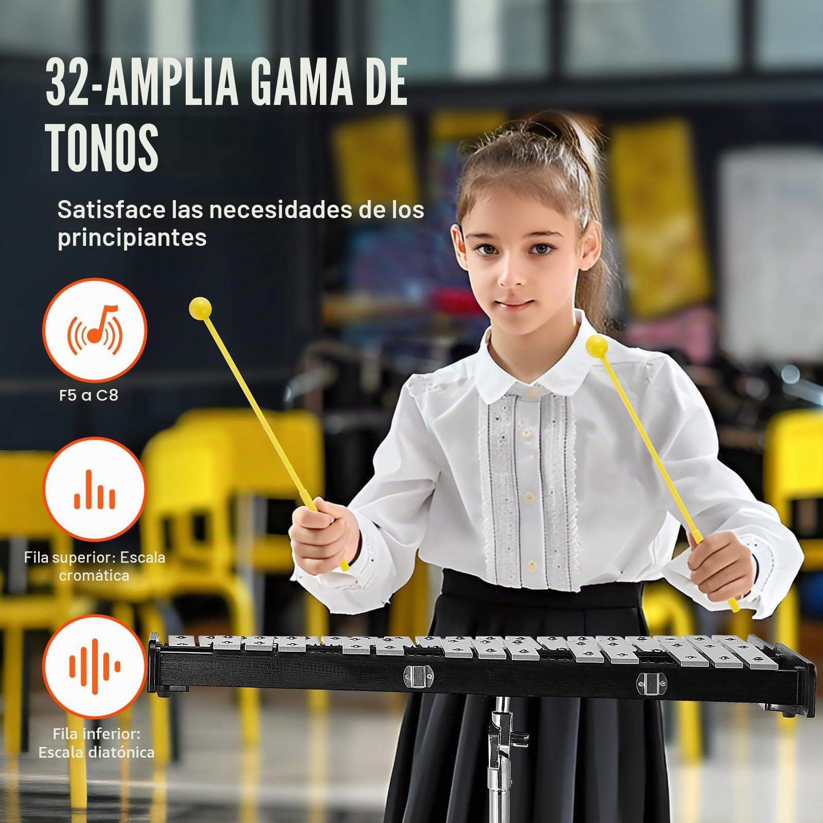 VEVOR Kit de campana de xilófono Glockenspiel de 32 notas, juego de instrumentos de percusión profesional con mazos, baquetas, atril, soporte ajustable y bolsa de transporte para estudiantes y adultos