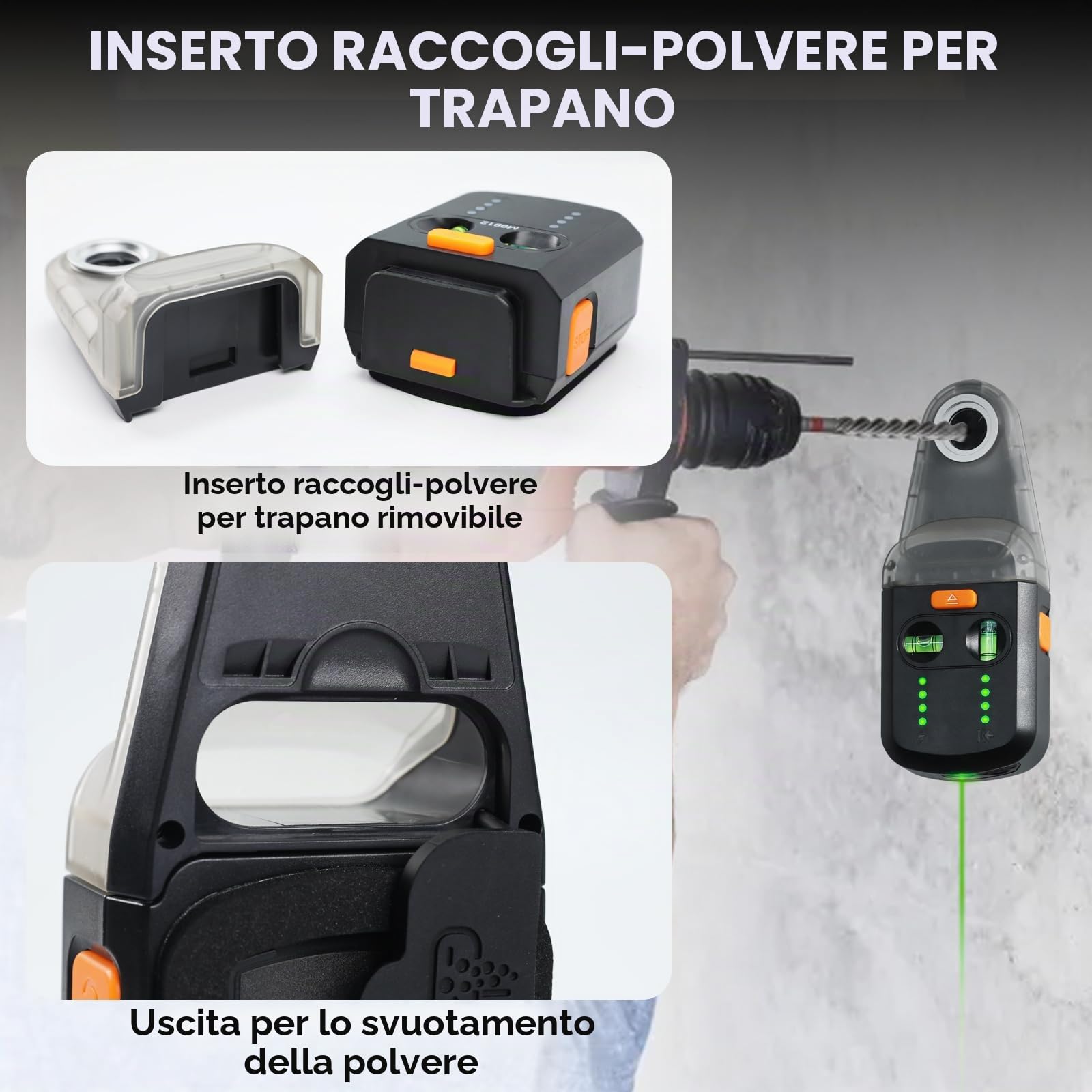 Aspirapolvere per Trapano Elettrico 3 in 1, Capacità di Carico 5KG, Supporto a Parete con Livella, Laser Verde da 2 Metri, Grado di Protezione IP54, per Falegnameria e Costruzioni Edilizie