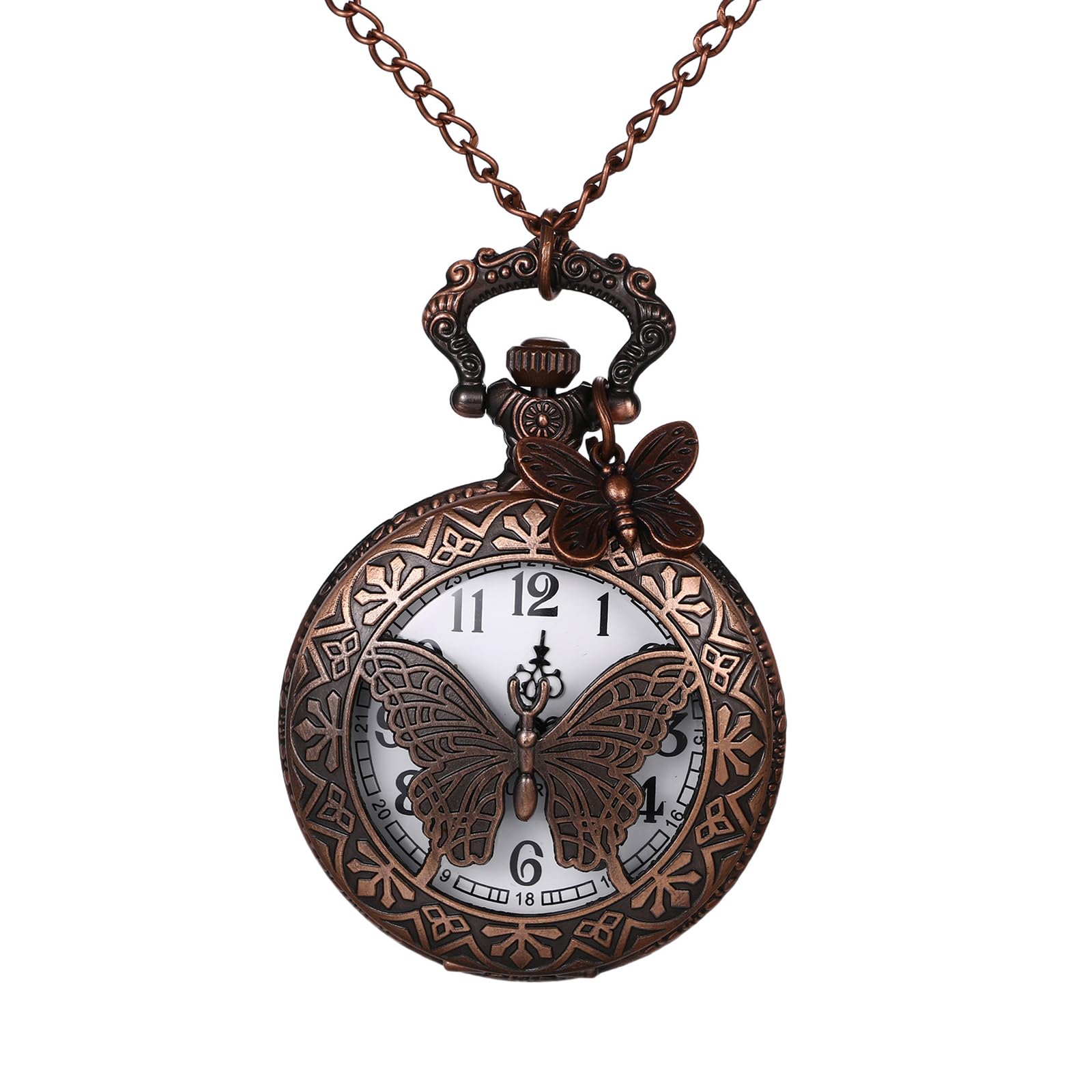 JewelryWe Vintage Butterfly Pocket Watch: Retro Design Bronze Flower Openwork Cover Quartz Pendant Necklace Watches with Chain for Xmas for Mother's Day