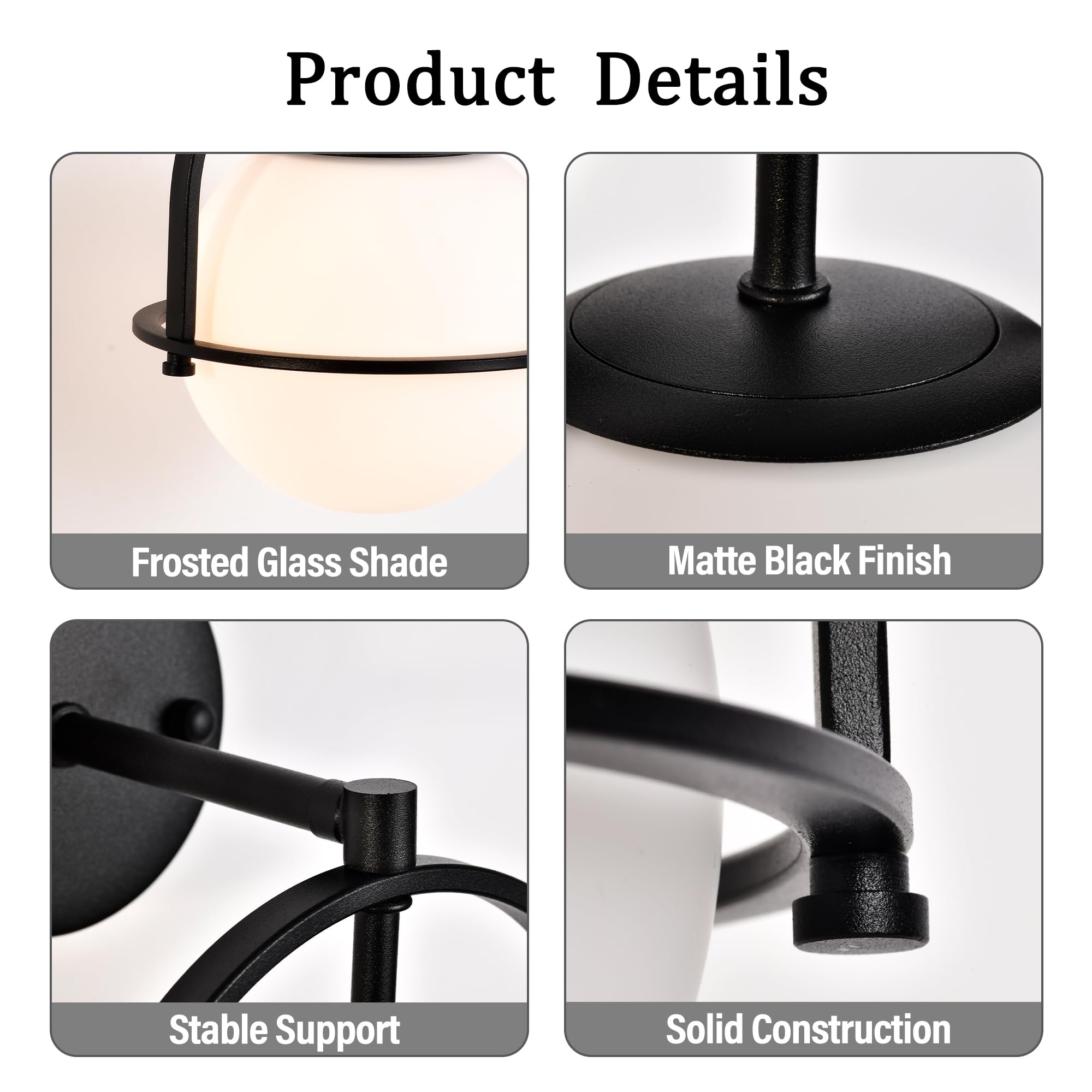 Alighting Wandleuchte Innen Schwarze mit 15 cm Milchglasschirm | Badezimmer Wandbeleuchtung Wandlampe Kugel für Flur Schlafzimmer Treppenhau, E14