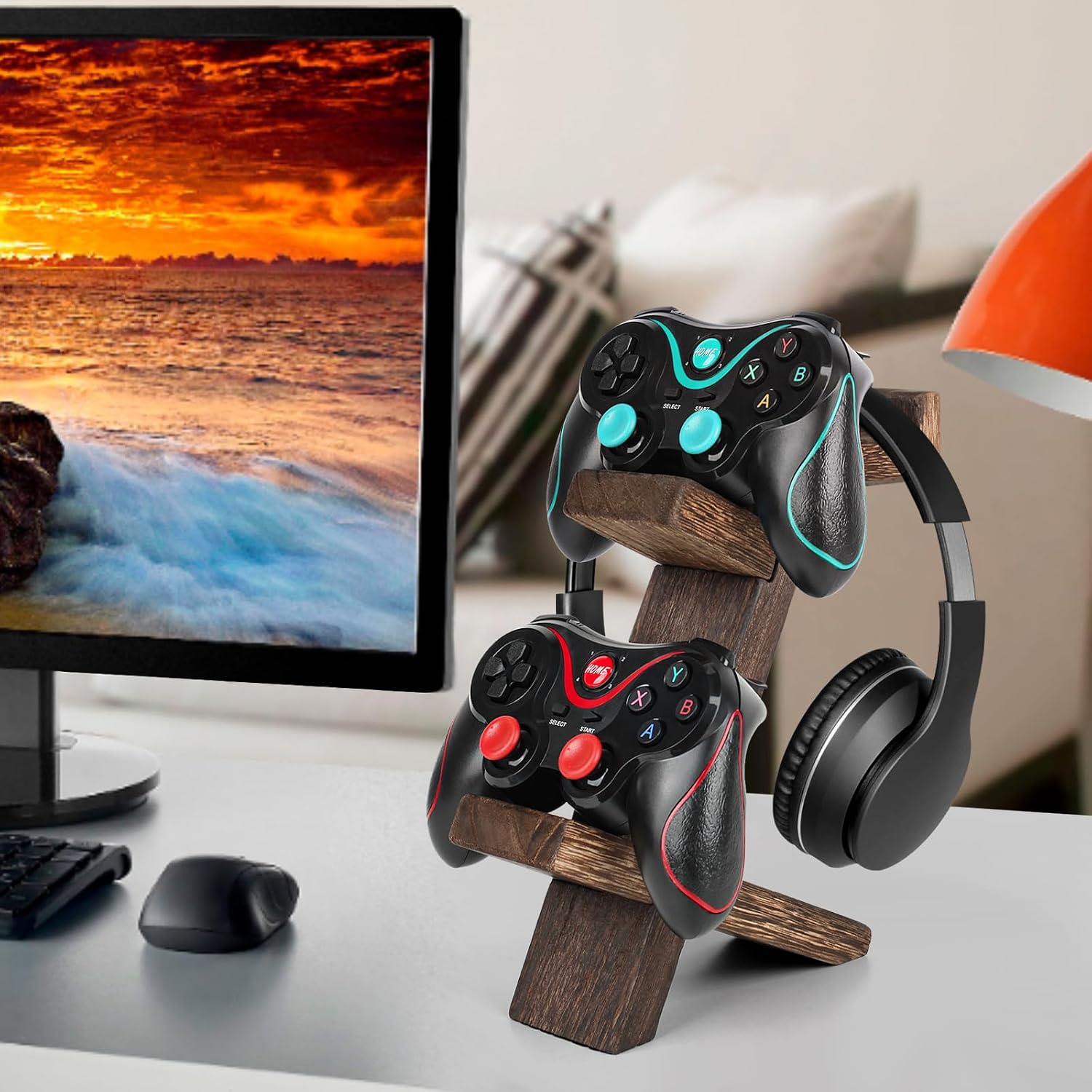 Wooden Game Controller Holder Headset Stand 2-Tier Universal Controller Gaming PC Accessories Storage Rack Headphone Stand for Xbox Series PS5 PS4