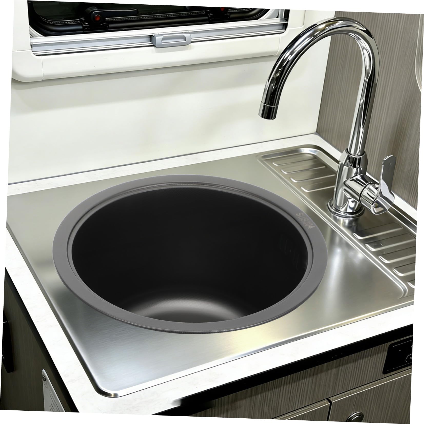 Fregadero Instalación Flexible Dual Redondo de Acero Inoxidable 304 Mini Lavabo con Kit de Desagüe E Integración de Rebosadero para Cocina Camper para Furgonetas y Caravanas