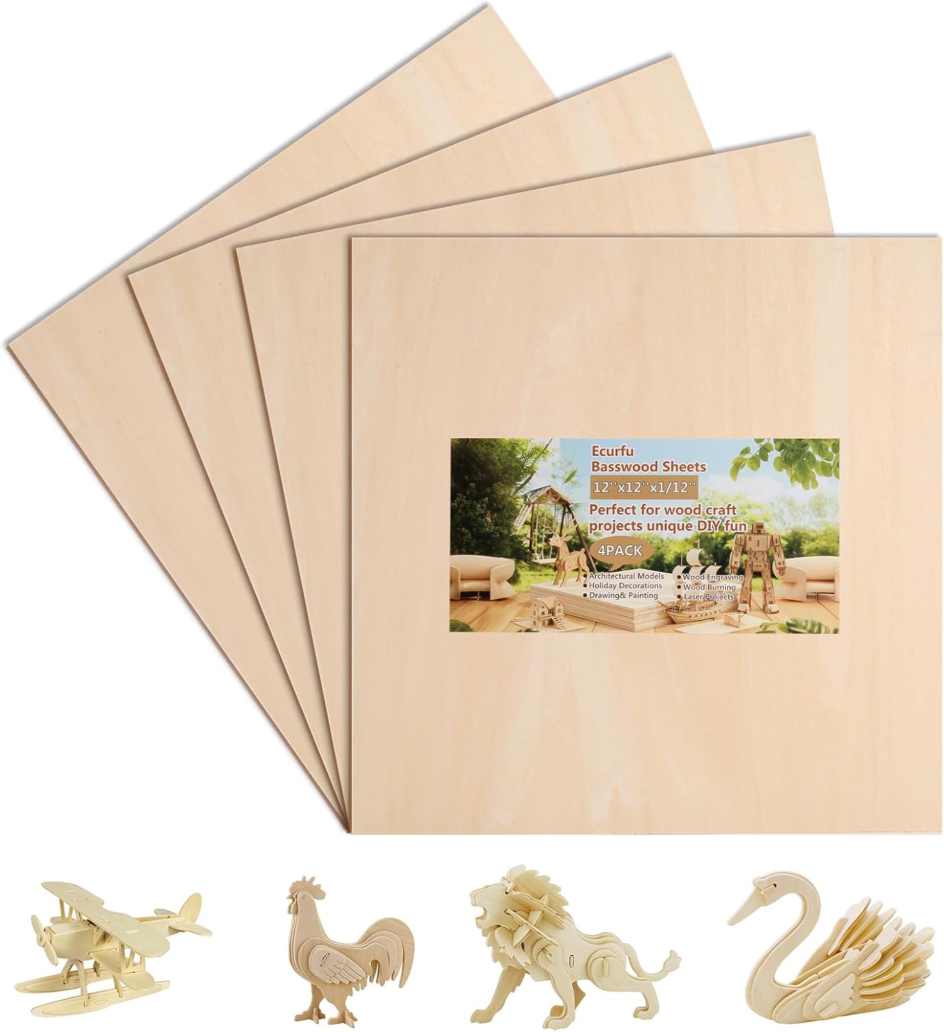 Ecurfu 4 Pack Basswood Sheets 12x12x1/12 Inch Unfinished Plywood Blanks for Laser Cutting, Engraving, Wood Burning & DIY Crafts