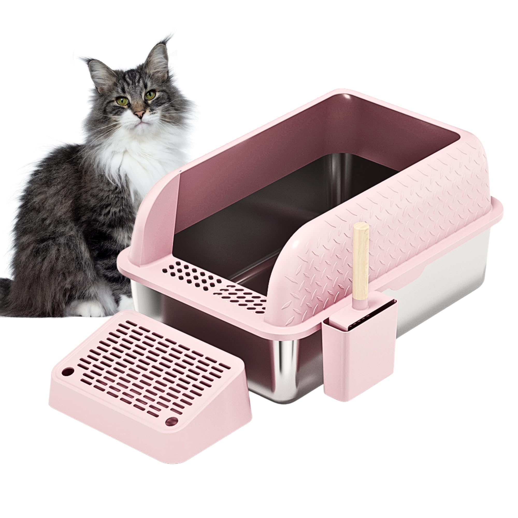 Pink Litter Box Extra Large XL Stainless Steel. Cat Litter Box High Sided Covered Lid Enclosure Includes Litter Scoop with Holder Trapping Mat Essential Cat Supplies for Indoor Cats (Diamond Pink)