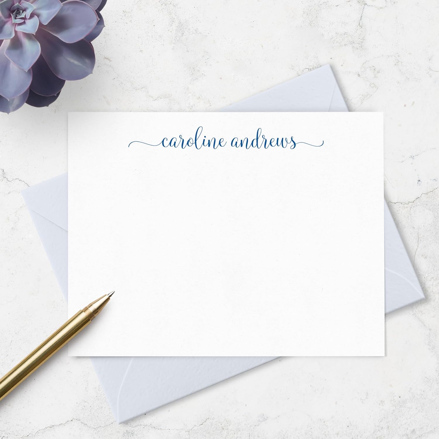 Personalized Note Cards and Envelope Stationery Set for Women - Flat Notecard Stationary Set with Name in Script Font, Custom Thank You Cards (All Lowercase Letters with Flourishes, A2)