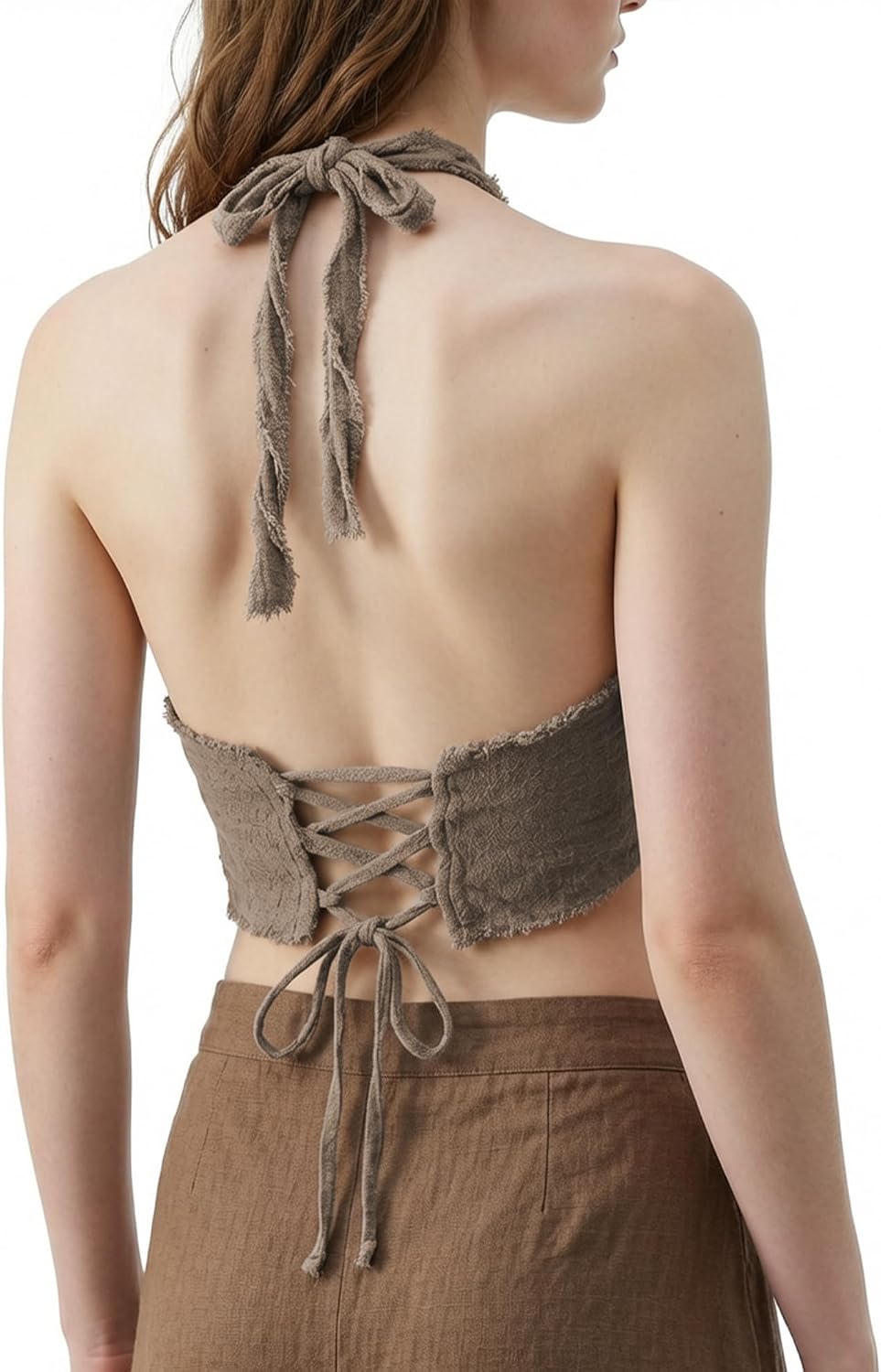 Women's Washed Cotton Halter Crop Top Raw Hem Backless Criss Cross Lace Up Tank Boho Summer Festival