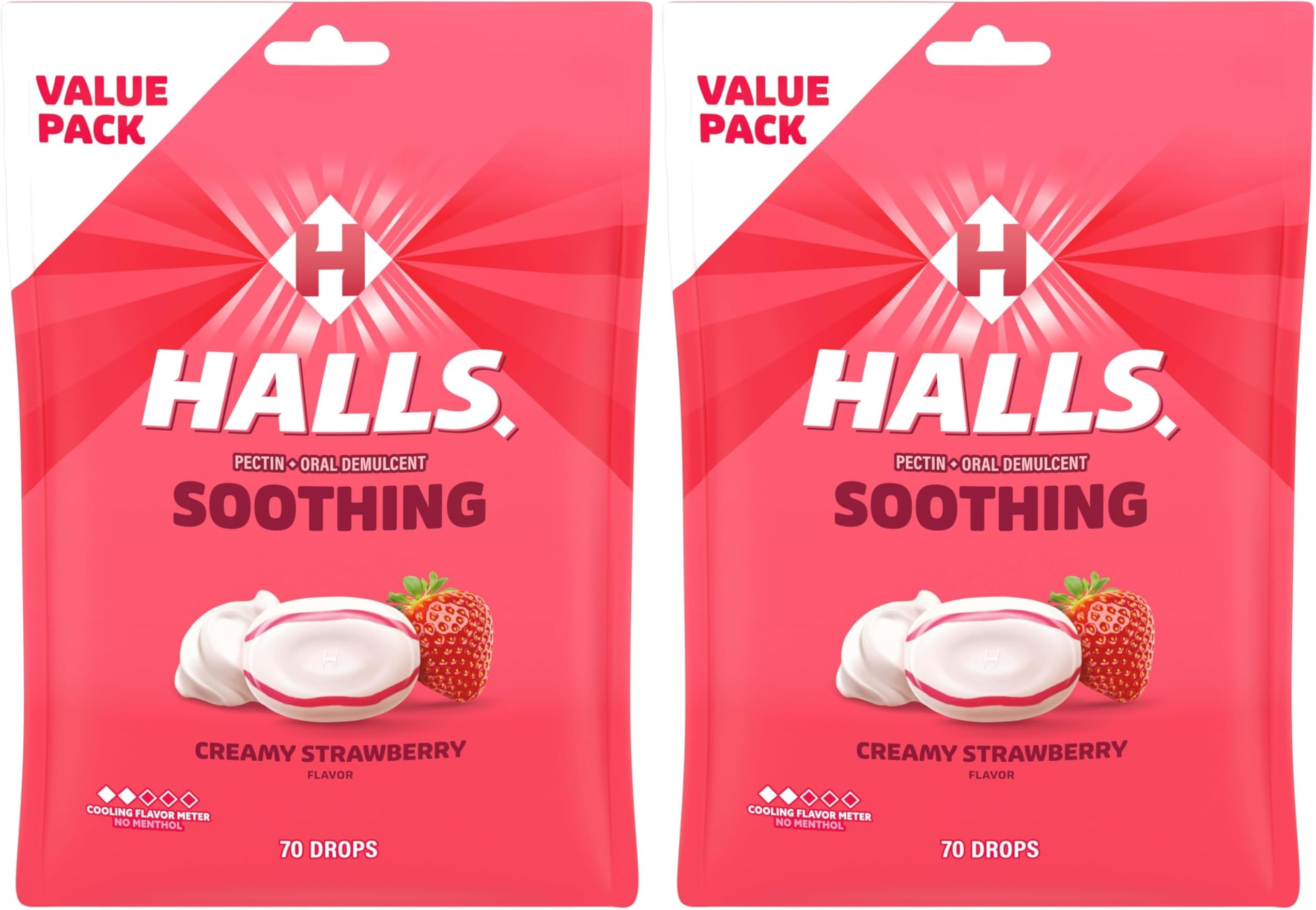Halls Throat Soothing Creamy Strawberry Throat Drops, 70 Drops (Pack of 2)