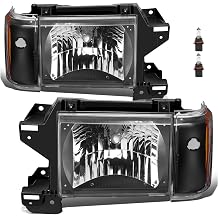 Black Amber Headlight Assembly compatible with 1987-1991 Ford Bronco F150 F250 F350 F450 Truck Halogen Head Lights Headlamp w/Bulb Driver Passenger Side, Clear Lens, Replace# E9TZ13008C E9TZ13008D