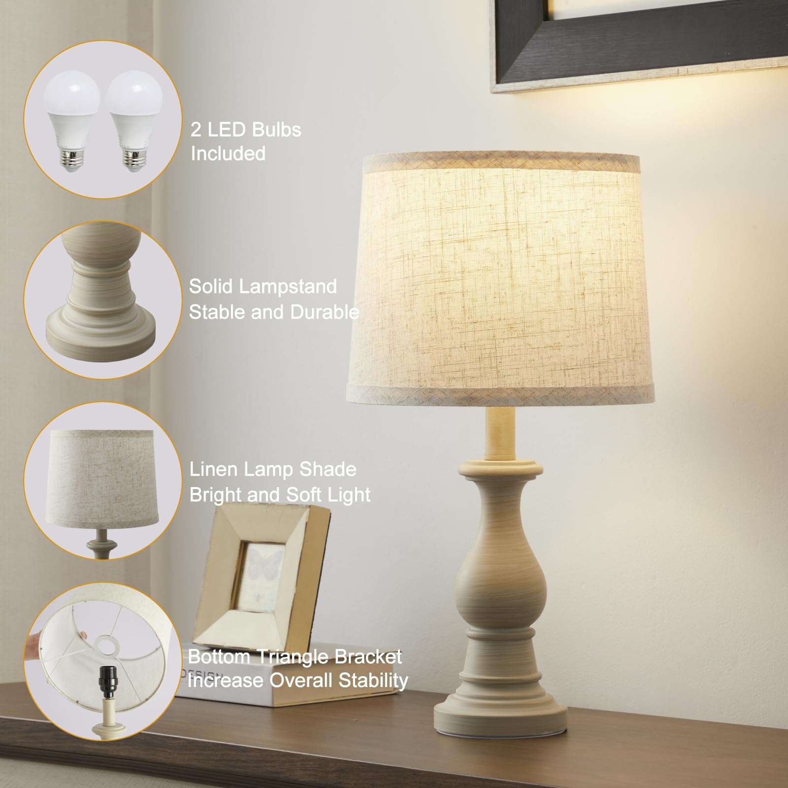 Hikczc Vintage Table Lamp for Living Room Bedroom, 18.5" Farmhouse Bedside Lamps Nightstand Lamp Set of 2, Table Lamps with Oatmeal Linen Lamp Shades, 2 LED Bulbs Included Product Image 3