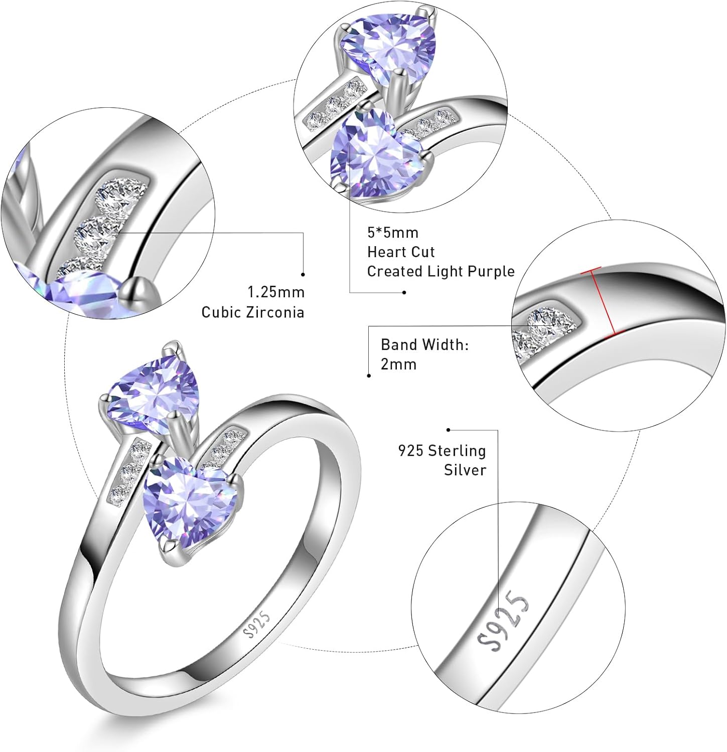 1CT Adjustable Women Heart Ring 925 Sterling Silver Birthstone Rings for Women Promise Ring for her Simulated Gemstone Statement Stackable Band Width 2mm Open Size 5~9 - Image 4