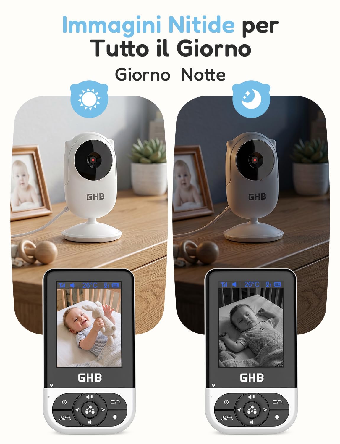 GHB Baby Monitor Video e Audio 2,8'', Telecamera Bambini con Monitor Visione Notturna, Audio Bidirezionale, Rilevamento della Temperatura, Promemoria per l'alimentazione, Ninna Nanna, Nero