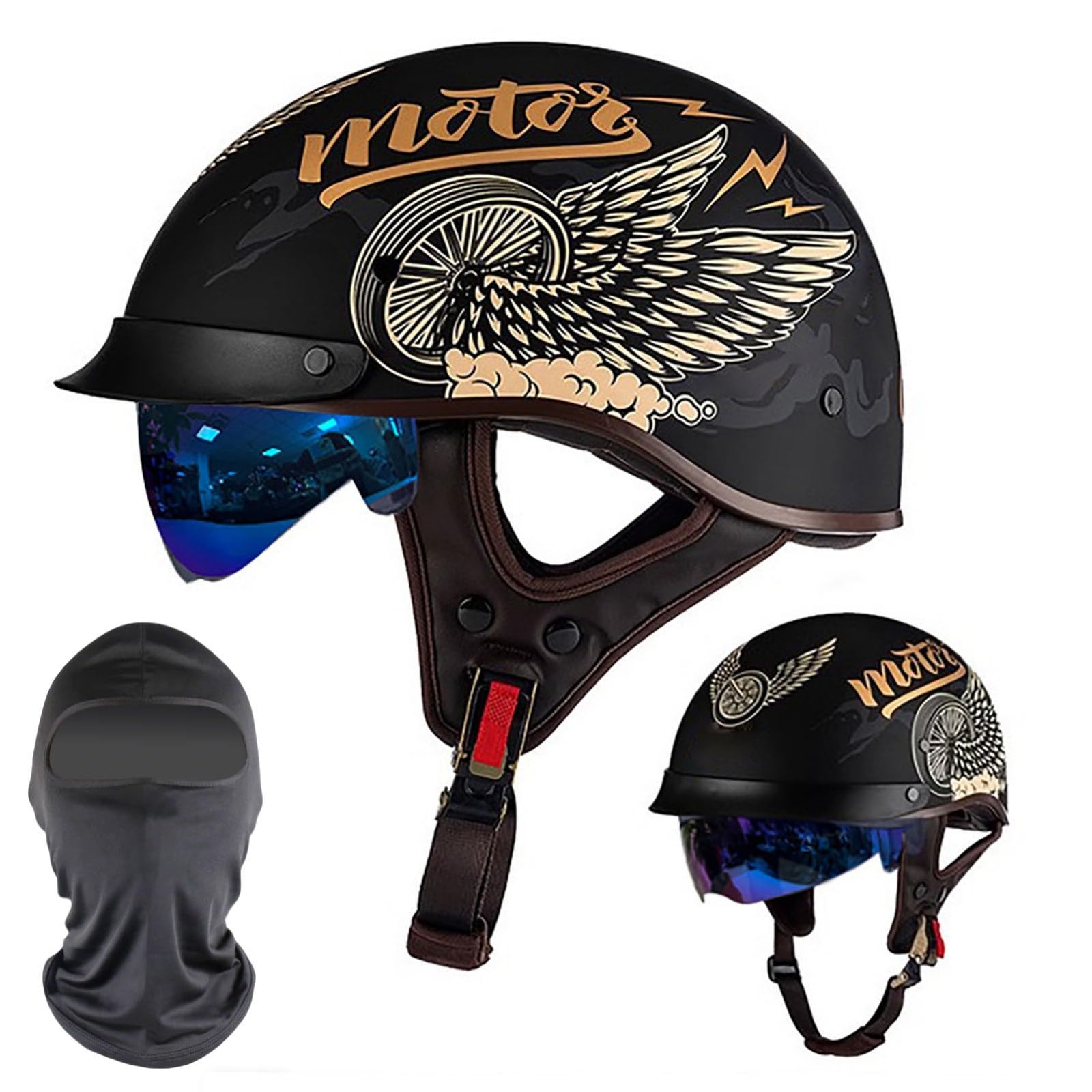 XYYYM Vintage Motorcycle Half Helmet, Half Face Motorbike Open Face Helmet, DOT/ECE Approved Men Women Bike Crash Scooter Moped Helmet, 54-63cm