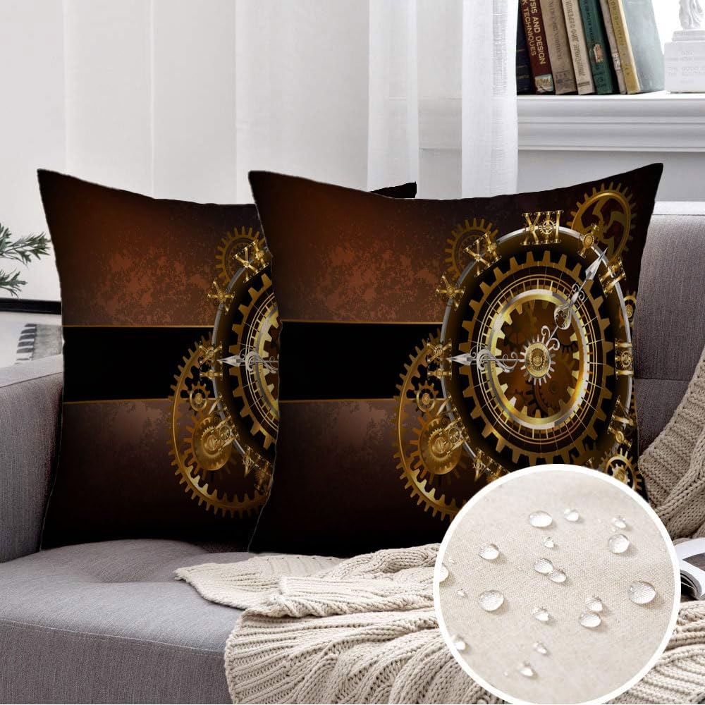 Decorative Throw Pillow Covers 20x20 Set of 2 Silver Clock Antique Steampunk Engineering Brass Gears Hands Technology Fantasy Clockwork Cogwheel Pillow Covers for Couch Sofa Outdoor Home Decor