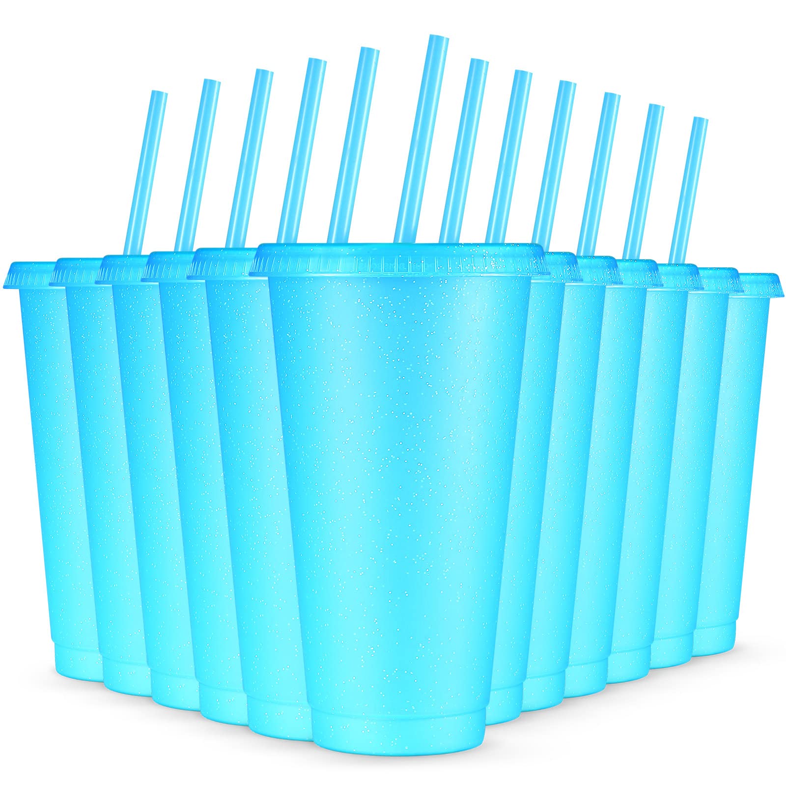 12 Pcs Reusable Cups with Lids and Straws 24 oz Glitter Iced Coffee Tumbler Plastic Travel Mug Cup for Smoothie Juices Parties Birthdays, Flamingo Party Bachelor Party (Light Blue)