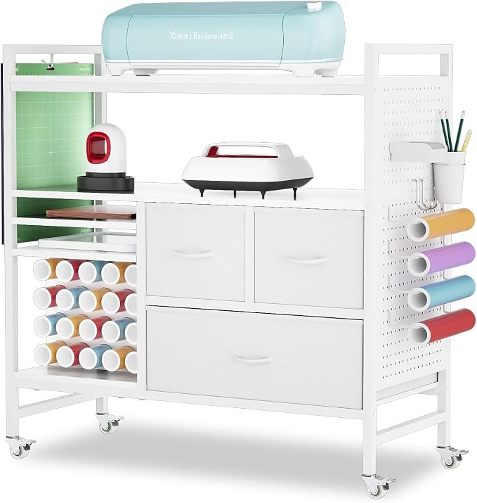 PUNLUXU Organizers and Storage Compatible with Cricut Machines - Vinyl Roll Holder, DIY Pegboard with Accessories Organizer, Rolling Craft Table with Storage Cabinet Workstation PU-04 Patent Protected