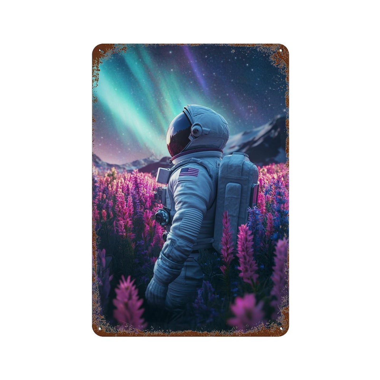 Rusty Metal Tin Sign with Astronaut in Flower Field Design 11.8"x7.9", for Shed, Workshop And Garage Wall Decor, Classic Wall Plaque