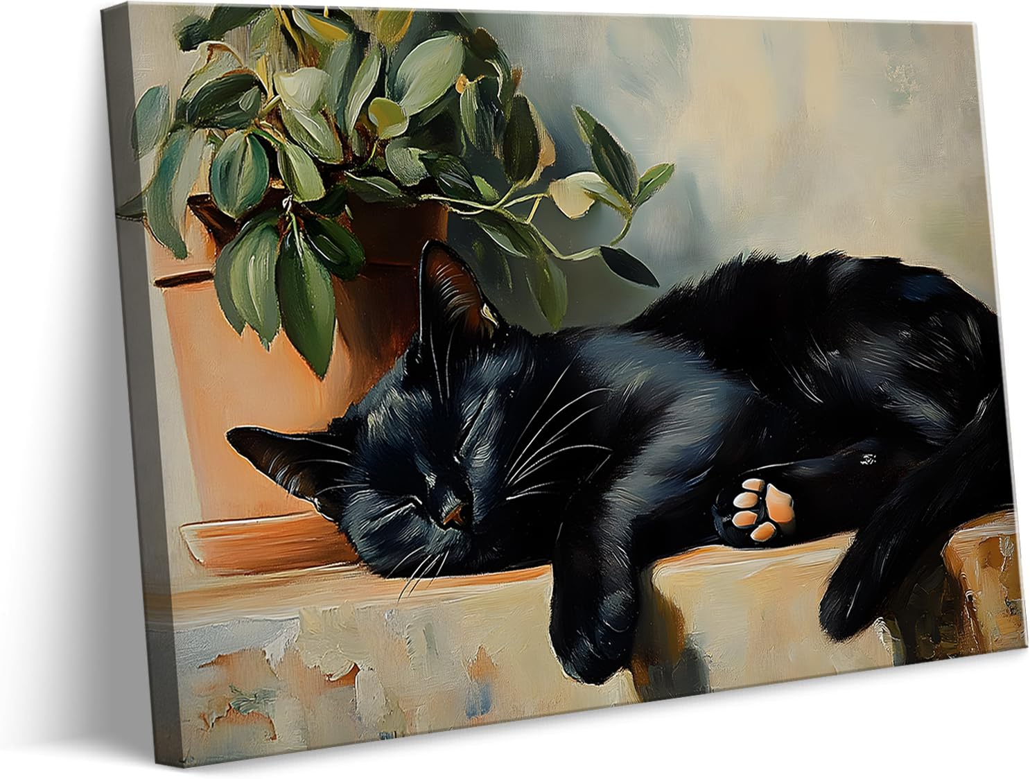sleeping cat canvas wall art cute black cat plant wall decor pictures rustic botanical aesthetic poster prints for bedroom living room decoration 16x24