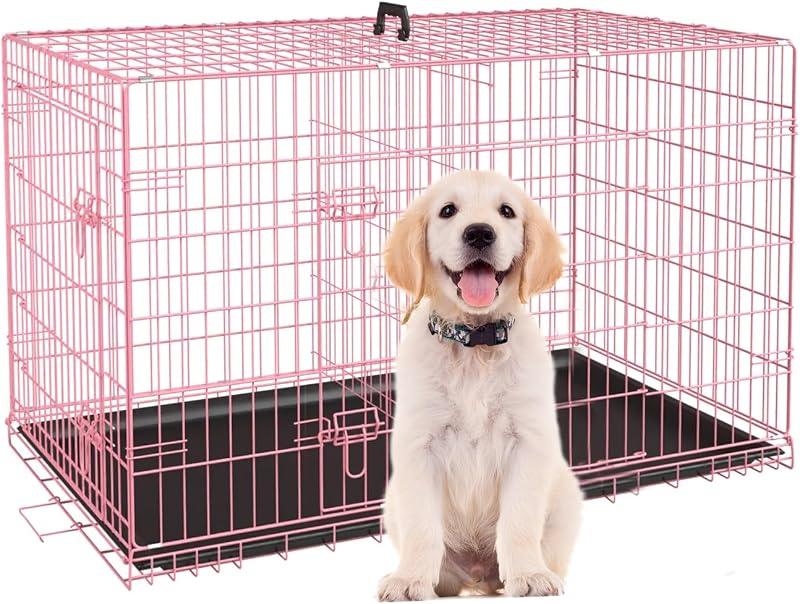 Caixa de Transporte Dobrável para Cães com Duas Portas, Bandeja Removível e Divisória BIQWBIC 60,96 cm Rosa