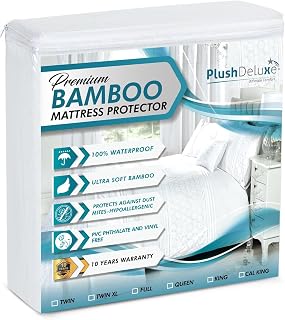 PlushDeluxe Queen Bamboo Mattress Protector Waterproof Ultra Soft Breathable Noiseless - Fits 18" Deep Mattresses