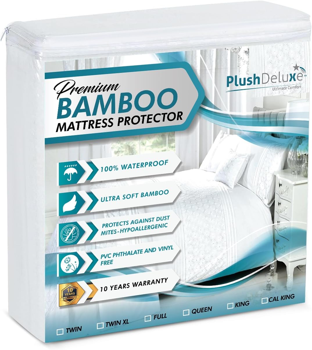 Premium Bamboo Mattress Protector – Queen Size, Waterproof, & Ultra Soft Breathable Noiseless Washable Bed Mattress Cover for Comfort & Protection - White