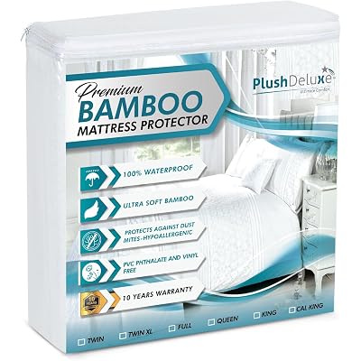 PlushDeluxe Premium Bamboo Mattress Protector – Queen Size, Waterproof, & Ultra Soft Breathable Noiseless Washable Bed Mattress Cover for Comfort & Protection - White