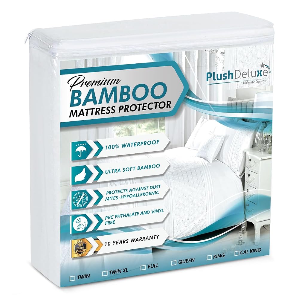 PlushDeluxe Bamboo Waterproof Mattress Protector, Full Size, Ultra Soft