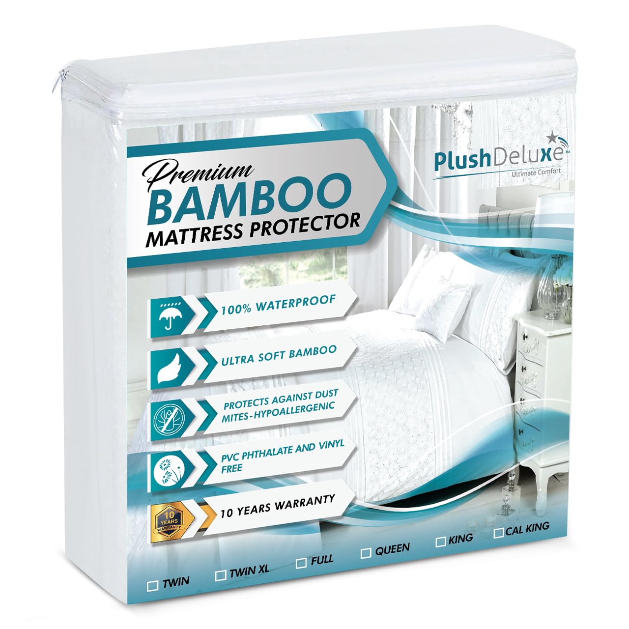 PlushDeluxe Premium Bamboo Mattress Protector King Size Waterproof Ultra Soft Breathable Noiseless Washable Bed Mattress Cover for Comfort