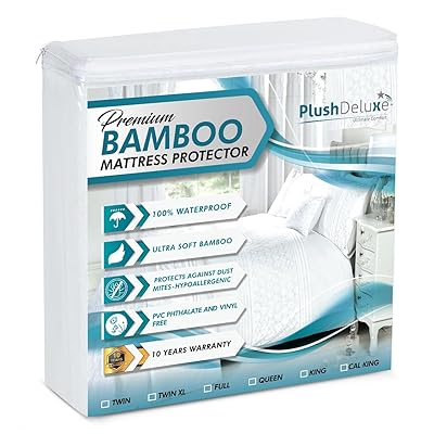 PlushDeluxe Premium Bamboo Mattress Protector – Queen Size, Waterproof, & Ultra Soft Breathable Noiseless Washable Bed Mattress Cover for Comfort & Protection - White