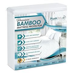 PlushDeluxe Premium Bamboo Mattress Protector Queen Size Waterproof Ultra Soft Breathable Noiseless Washable Bed Mattress Cover for Comfort