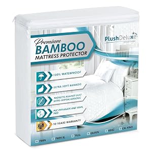 PlushDeluxe Premium Bamboo Mattress Protector Queen Size Waterproof Ultra Soft Breathable Noiseless Washable Bed Mattress Cover for Comfort