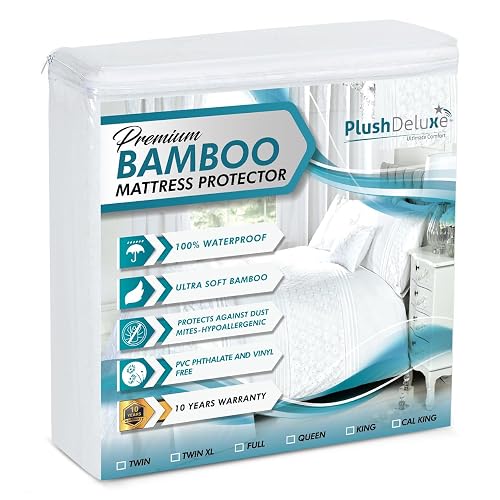 PlushDeluxe Bamboo Waterproof Mattress Protector, Queen Size, Ultra Soft | Breathable, Noiseless, Hypoallergenic, Washable, 60x80" Up to 18" Deep, Viscose Derived from Bamboo Mattress Cover, White